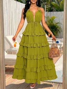 SHEIN Lady Women Olive Green Summer Casual Boho Vacation Long Dress, Ruffle Skirt Beach Outfits, Graduation Dresses - Green - View 6