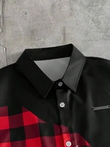 AXEPEAK Men's Summer Casual Plaid Patchwork Spider Web Rhinestone Embellished Shirt - Black - View 5