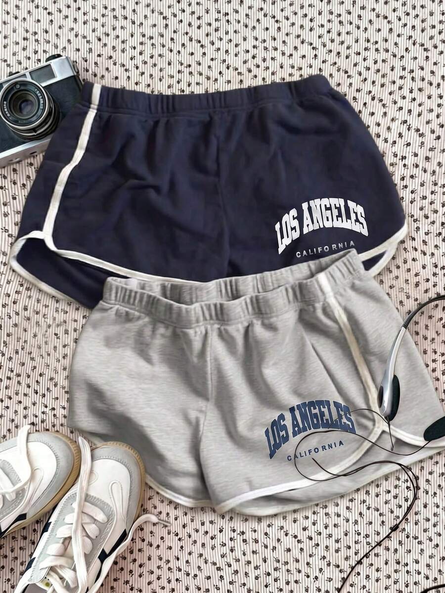 2pcs/Set Tween Girls' Fashionable Casual Colorblock Letter Print Fitted Shorts - Multicolor - View 1
