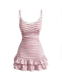 ROMWE Y2K Sexy Subculture Lace Patchwork Fitted Ruffle Hem Mini Dress, Summer Outfit For Women Golf White - Pink - View 1