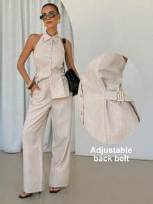 Lavishia Beige Women's Summer Halter Shirt And Pants Set,Elegant Vacation Holiday Linen Coord Set,Business Casual 2 Piece Outfits For Office Wear,Petite Suit - Apricot - View 3