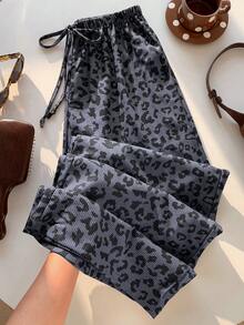 Comfortcana Plus Size Women Casual Leopard Print Straight Leg Pants For Winter - Dark Grey - View 1