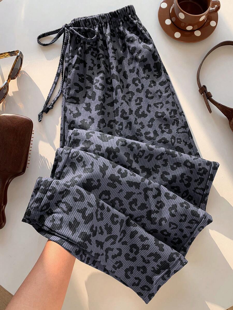 Comfortcana Plus Size Women Casual Leopard Print Straight Leg Pants For Winter - Dark Grey - View 1