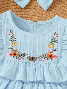 SHEIN Playful Pals 女婴优雅夏季刺绣短袖连衣裙，适合派对和日常穿着 - 淺藍色 - 查看 5