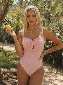 Swim Mod New Summer Women Spaghetti Strap Ruffle Front Bow Tie Waist One Piece Swimsuit, White Casual Sexy Vacation One Piece Swimsuit Golf - Pink - View 2