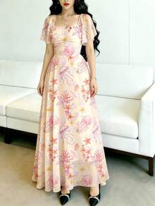 Modelyn 水母、贝壳、鸡蛋花、珊瑚印花女士长裙，时尚方领荷叶袖设计，收腰长款度假风连衣裙，海洋生物图案浅粉色雪纺连衣裙，适合夏季度假和日常穿着 - 彩色 - 查看 4