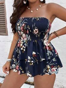 Breezaya Áo kiểu cúp ngực họa tiết hoa, xếp ly, viền bèo nhún, cỡ lớn, thích hợp cho mùa hè. - Nhiều màu - Xem 3