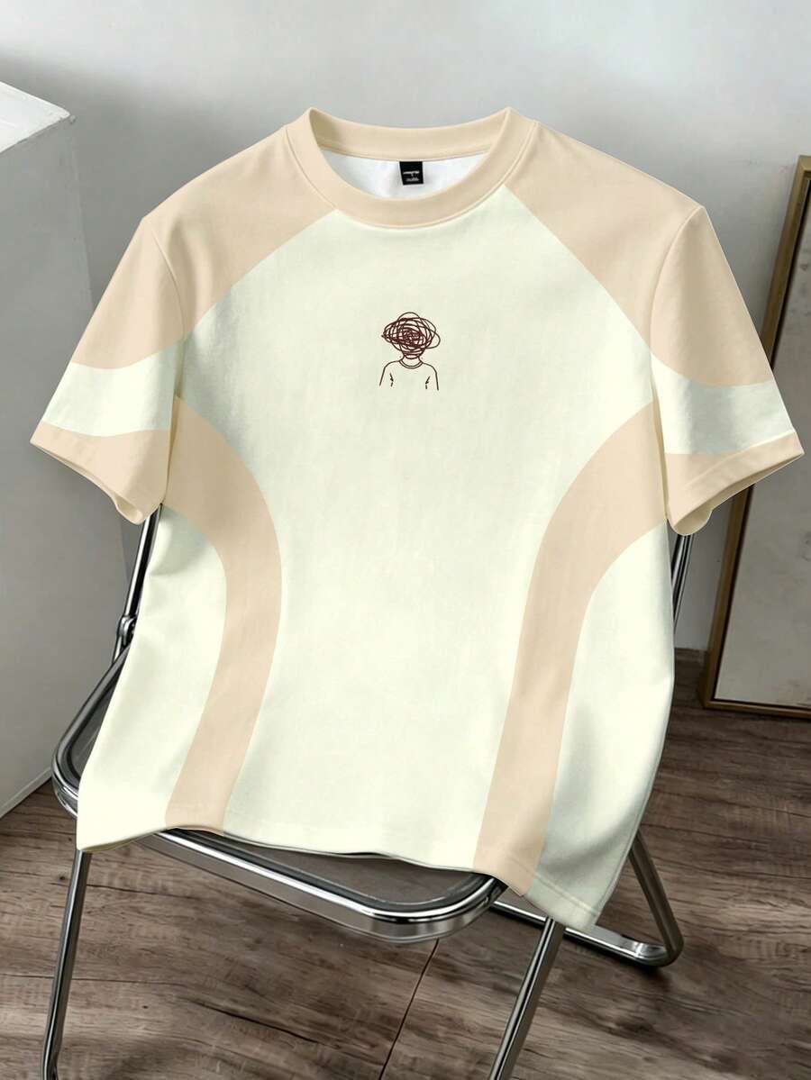 Manfinity Joysei Men's Contrast Color Round Neck Short Sleeve Casual T-Shirt For Summer - Apricot - View 1