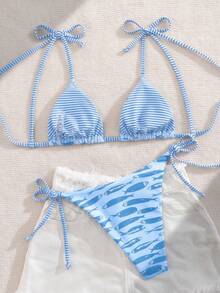 Swim Vcay 时尚甜美肩部系带蝴蝶结无钢圈可拆卸胸垫性感女士比基尼泳衣两件套，适合海滩和机场穿着。 - 淺藍色 - 查看 4