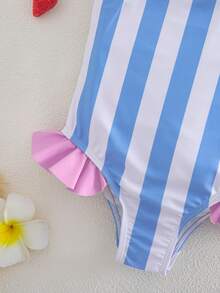 SHEIN Young Girl Striped Ruffled One-Piece Swimwear - Blue - View 2