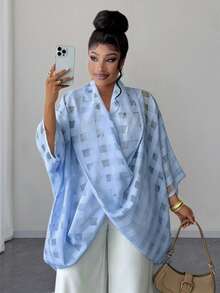 Maweii Plus Size Women Plaid Loose Twist Collar Blouse - Dusty Blue - View 6