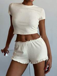 Livesso Women Solid Color Cropped Top And Shorts Pajama Set Summer - Beige - View 7