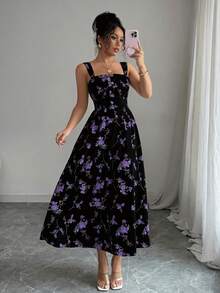 SHEIN Elenzya 最新春夏碎花优雅收腰褶皱长连衣裙 - 彩色 - 查看 1