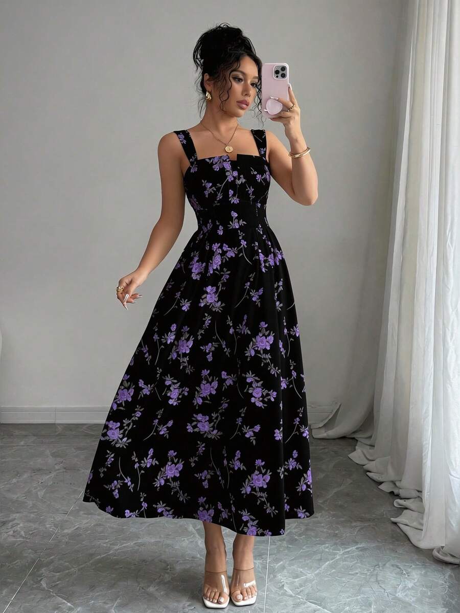 SHEIN Elenzya 最新春夏碎花优雅收腰褶皱长连衣裙 - 彩色 - 查看 1