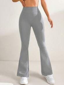 Easithlete Women's Solid Color High Waist Fitted Flare Leg Yoga Pants - Light Grey - View 5