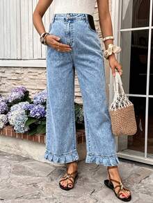 SHEIN Quần jean denim dáng rộng cho bà bầu, có bèo nhún ở gấu quần. - Rửa nhẹ - Xem 7
