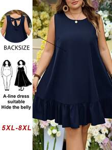 SHEIN CURVE+ Curve 尺码 US22 音乐节、海滨度假、波西米亚风女士露背圆领纯色荷叶边下摆无袖复古夏季休闲连衣裙，黑色 - 藏蓝色 - 查看 5