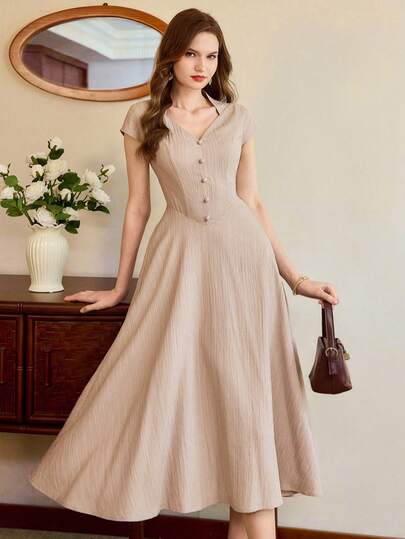 L'Amorae Đầm nữ cổ điển thanh lịch có túi và cúc, cổ áo hình trái tim, đầm mặc thường ngày đi làm hoặc đi nghỉ mát.