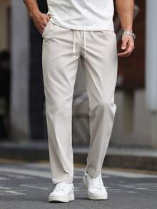 Manfinity CasualCool Men's Solid Color Drawstring Waist Pocket Casual Pants - Light Grey - View 5