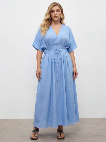 Maija Plus Size Summer Casual Solid Color Batwing Sleeve Cinched Waist Dress Picnic Dress Plus Size Linen Plus Size Clothing For Vintage Women Old Money Teacher For Women Romantic, Fashion, Versatile Summer Women Party Top Beach Holiday Vacation Going Out Graduation Elegant Casual Formal Attire Work Office For Women Zanzea Dress For Women Mother's Day New Arrivals For Plus Size Woman