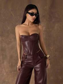 SHEIN PETITE Áo croptop quây ngực bằng da PU màu nâu thời trang gợi cảm dành cho nữ, áo corset da, áo màu nâu, áo đi chơi đêm, áo đi club, áo corset nâu, áo dự tiệc, áo da, áo mùa hè, áo quây ngực, áo Halloween, áo Giáng sinh, áo năm mới - Màu Đỏ Sâu - Xem 9