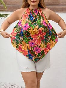 SHEIN CURVE+ 大码女式热带植物印花露背吊带背心 - 彩色 - 查看 5