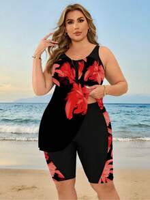 SHEIN Swim Lushore 大码女式花卉数码印花保守款吊带泳衣，显瘦沙滩派对度假泳装，妈妈们的理想之选 - 紅色 - 查看 4