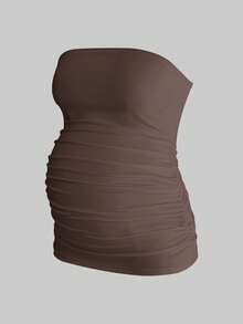 Modmama Maternity Summer Casual Solid Color Elastic Pleated Tube Top Tops For Pregnant Ruched Women Tummy Control Shapewear - Coffee Brown - View 5