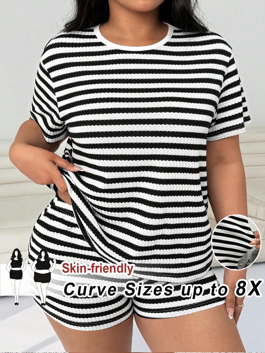 SHEIN CURVE+ Bộ đồ hai mảnh kẻ sọc đen trắng, thoải mái cho mùa xuân/hè. - Đen và trắng - Xem 1