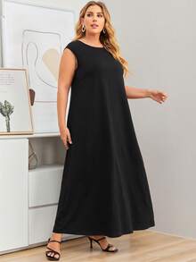 SHEIN Najma CURVE Plus Solid Maxi Tank Dress - Black - View 2