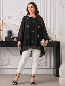 Modelyn Plus Size Women's Rhinestone Decor Round Neck Mesh Lantern Sleeve Arabic Style Top - Black - View 2