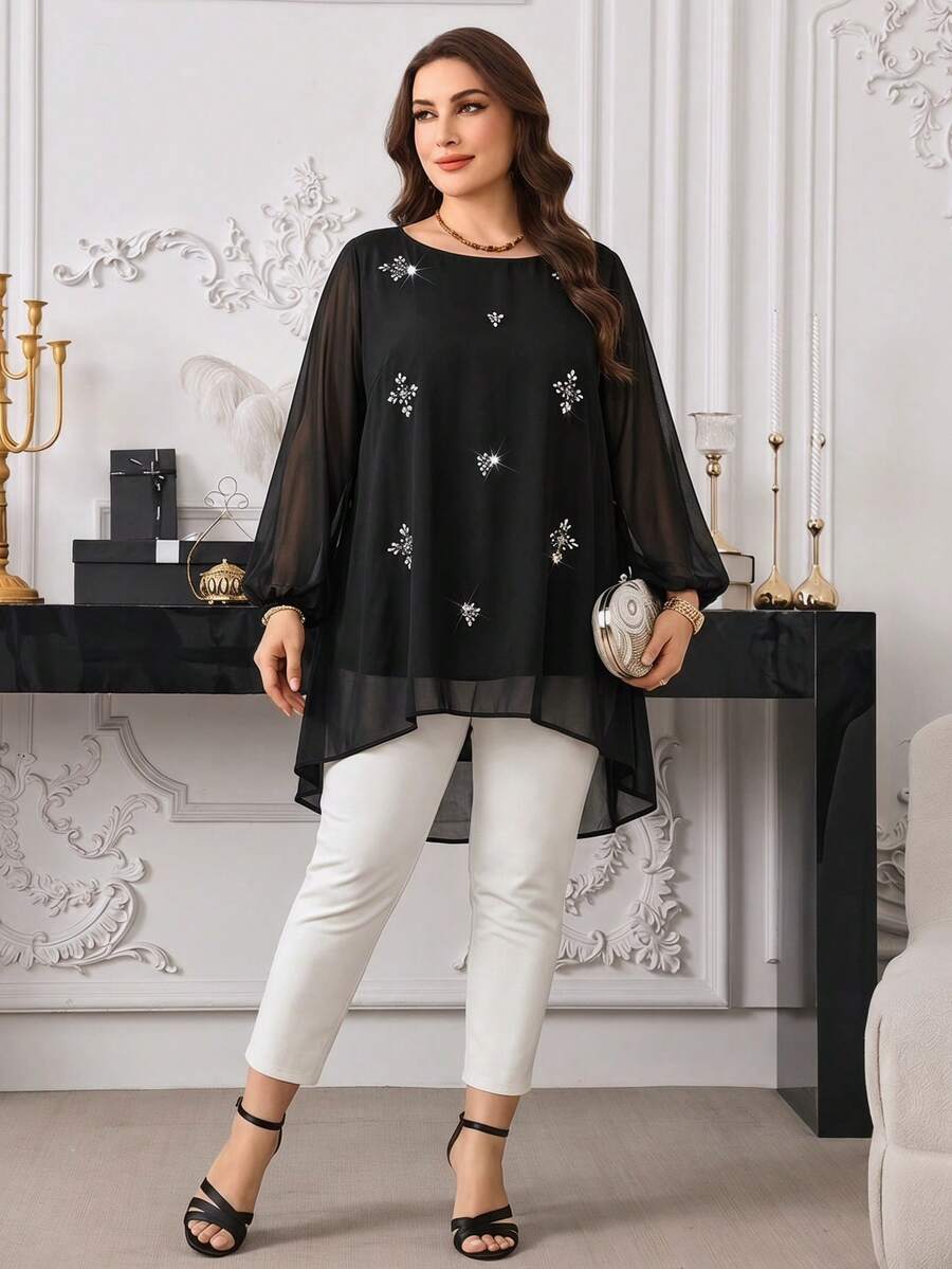 Modelyn Plus Size Women's Rhinestone Decor Round Neck Mesh Lantern Sleeve Arabic Style Top
