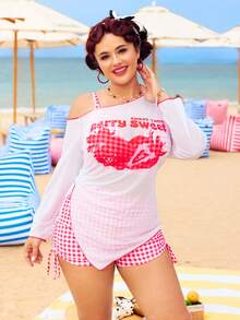 Swim Vcay Plus Size Women 3-Piece Red & White Plaid Bikini Set,Strawberry Print Long Sleeve Rash Guard,Drawstring Cover-Up,Summer Tropical Beach Holiday Outfit - Red and White - View 5
