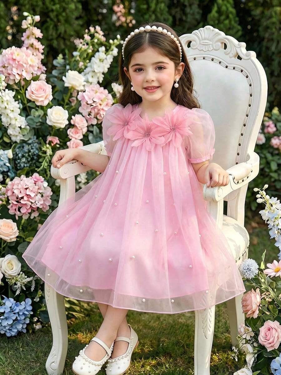 Elladie kids 少女粉色夏季花童洋裝，3D花卉網紗珍珠珠飾歐根紗公主派對禮服，優雅泡泡袖生日婚禮奢華長裙