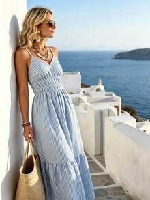 SHEIN Holidaya Women's Spaghetti Strap Ruched Elastic Waist Blue And White Stripe Dress,Summer Boho Beach Vacation Holiday Holiday,Elegant Casual Dress - Blue - View 6