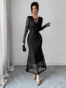 Modelyn Đầm dài tay cổ chữ V ôm sát dáng đuôi cá thanh lịch, gợi cảm, thích hợp cho mùa xuân và mùa hè. - màu đen - Xem 9
