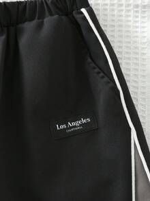 SHEIN 儿童/男童直筒侧撞色运动裤，适合秋冬季休闲、户外、上学穿着 - 黑色 - 查看 6