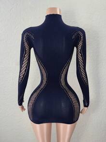 High Neck Long Sleeve Hollow Out Fitted Sexy Mesh Sweater - Blue - View 2