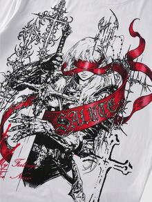 ROMWE MEN Camiseta casual de manga corta y cuello redondo con estampado de personaje de anime para hombres - Blanco - Ver 4