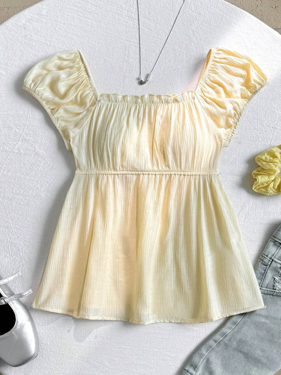 SHEIN 少女休闲简约舒适格子露背吊带衬衫 - 黃色 - 查看 1
