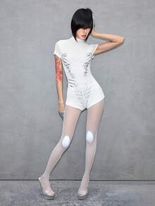ROMWE Avant 前卫视觉线条印花女士紧身连体裤 - 白色 - 查看 7