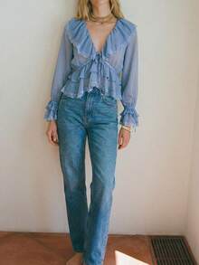 Maija Camiseta corta ajustada con decoración de remaches y ojetes, camiseta básica minimalista y elegante para mujer para primavera/verano - Azul - Ver 3