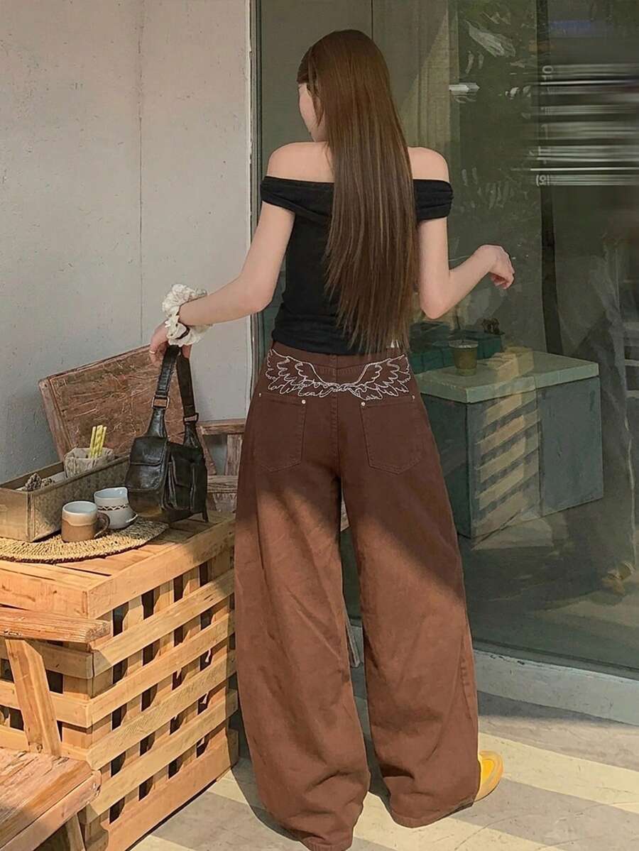 DAZY Women's Loose Embroidered Korean Style Washed Denim Jeans, Versatile For Spring And Summer - Coffee Brown - View 1
