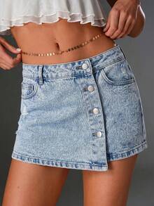 SHEIN TRNDY Quần short denim cạp thấp cài cúc thời trang thường ngày - Rửa nhẹ - Xem 1