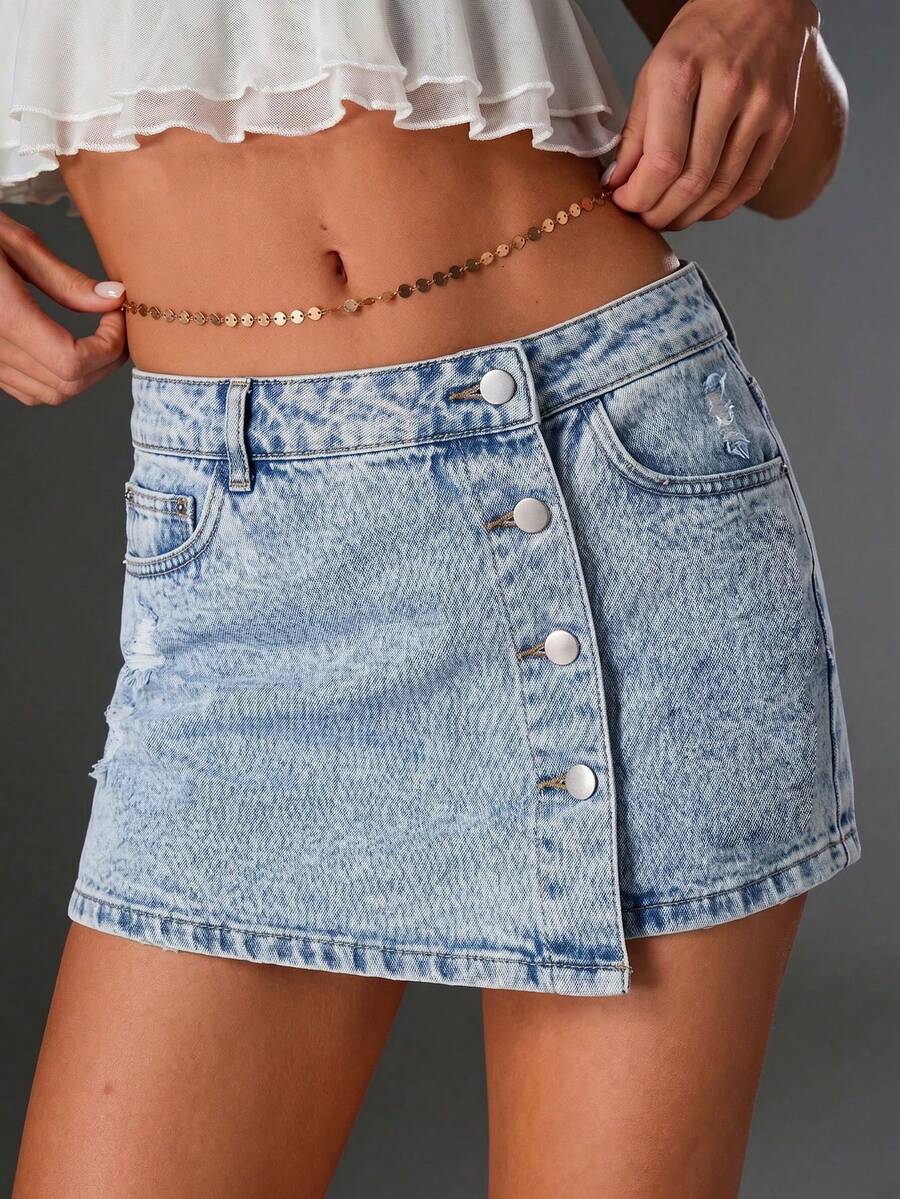 SHEIN TRNDY Quần short denim cạp thấp cài cúc thời trang thường ngày - Rửa nhẹ - Xem 1