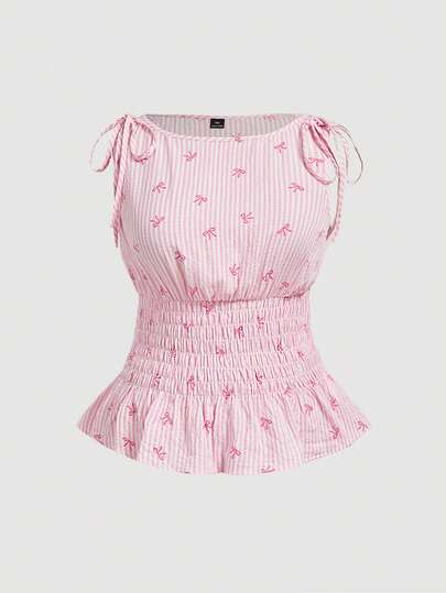 SHEIN MOD Áo hai dây cỡ lớn dành cho nữ, kiểu dáng mùa hè, ngọt ngào, dễ thương, họa tiết sọc và nơ, có dây rút ở eo, thích hợp cho kỳ nghỉ.