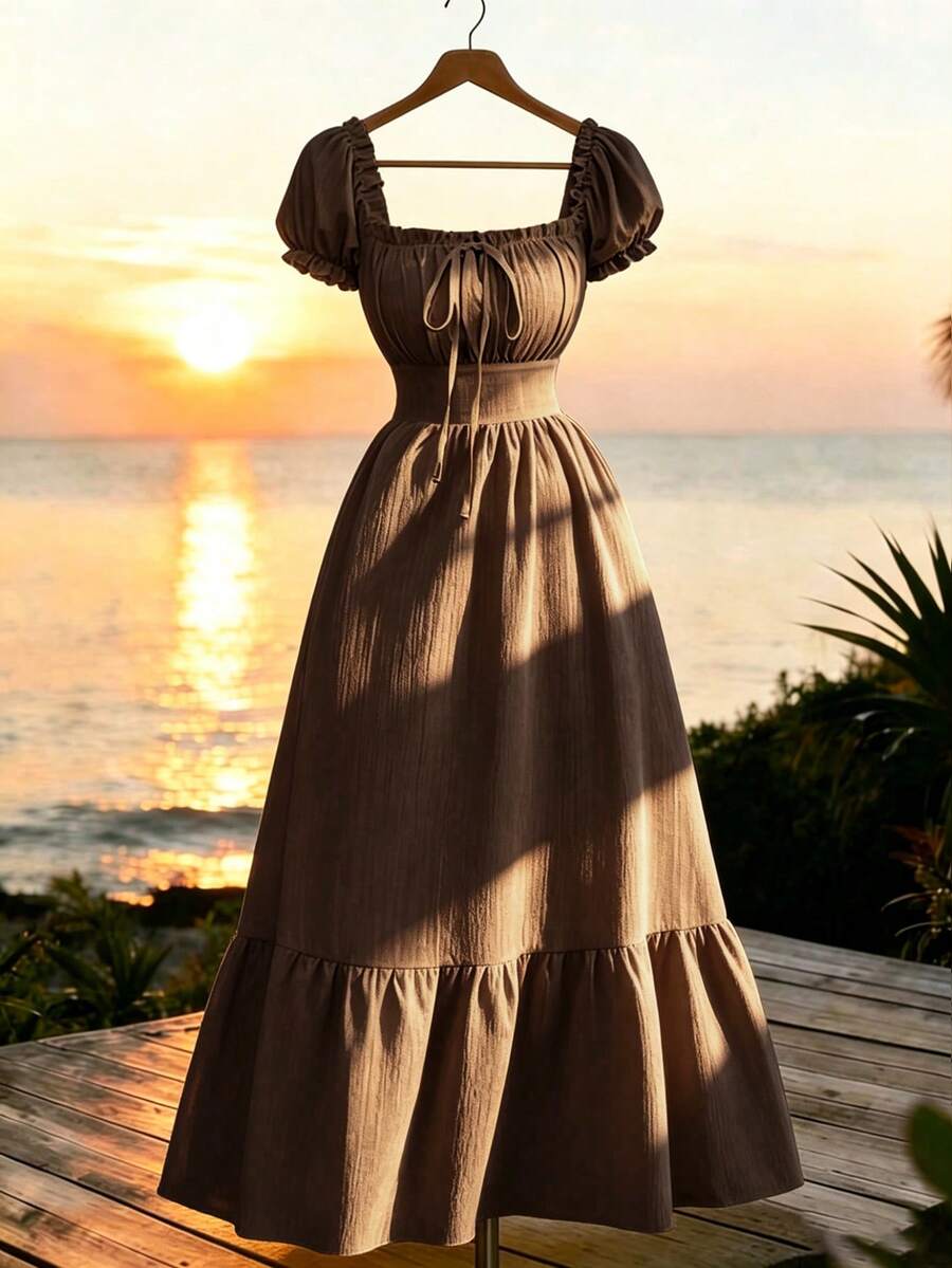 SHEIN Elenzya 新款褶皱纹理梭织面料泡泡袖连衣裙，前系带后褶皱设计，收腰剪裁，修身显瘦，优雅度假/休闲场合连衣裙，适合年轻女性 - 棕色 - 查看 1