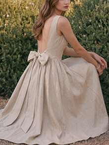 age beige claro para mujer con bolsillos, espalda descubierta y lazo, atuendo de verano para fiesta de té, invitada de boda, graduación, baile de graduación, vacaciones y concierto campestre - Albaricoque - Ver 7