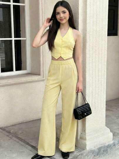 SHEIN Bộ đồ 2 món cho bé gái tuổi teen, gồm áo vest không tay kẻ sọc và quần ống rộng cạp chun kẻ sọc, trang phục thường ngày mùa hè đi làm.