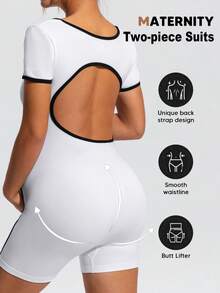 SHEIN 孕妇休闲撞色运动连体衣 - 黑與白 - 查看 5